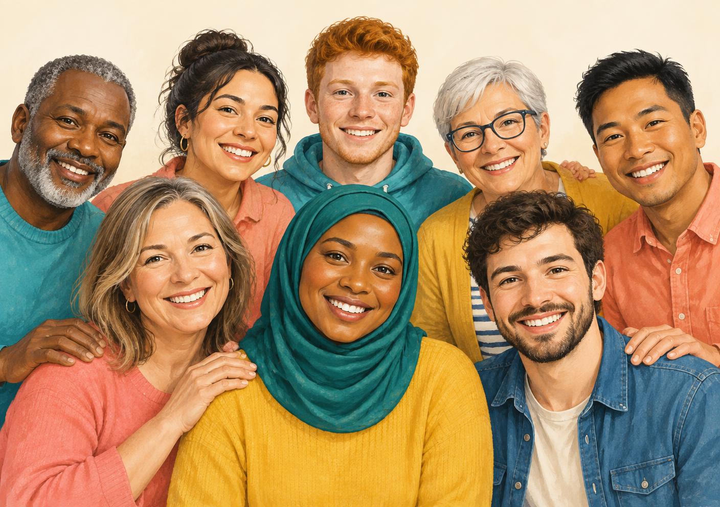 Diverse community of people supporting each other
